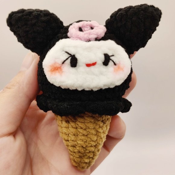 Handmade Amigurumi Crochet Sanrio Kuromi Ice Cream Cone - Picture 1 of 10